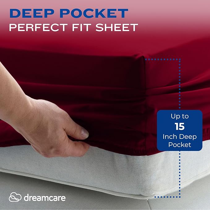 DREAMCARE Twin XL Sheet Sets - 4 pcs Breathable Cooling Bed Sheets - up to 15" Deep Pocket Twin XL Sheets Set with Side Pockets - Extra Soft 100% Brushed Hypoallergenic Hotel Luxury Bedding - Burgundy