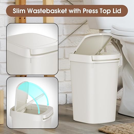 CEROELDA 3 Pack Bathroom Trash Can with Lid, 10L/2.6 Gal Small Garbage Can with Press Top Lid, Slim Plastic Waste Basket for Toilet, Office, Bedroom (White, 3 Pack) - Image 4