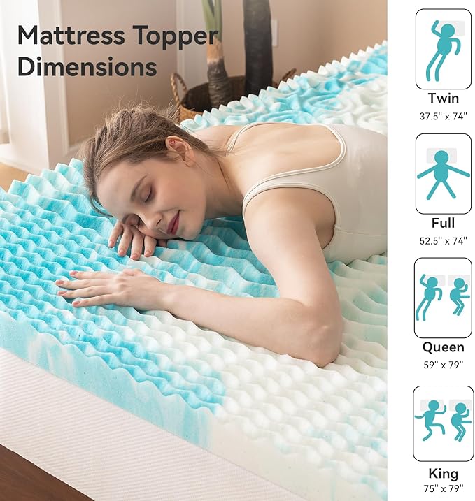 2 Inch 5 Zone Memory Foam Mattress Topper Queen Size, Comfortable Mattress Topper for Back Pain Relief, Gel Infused Bed Topper, Blue