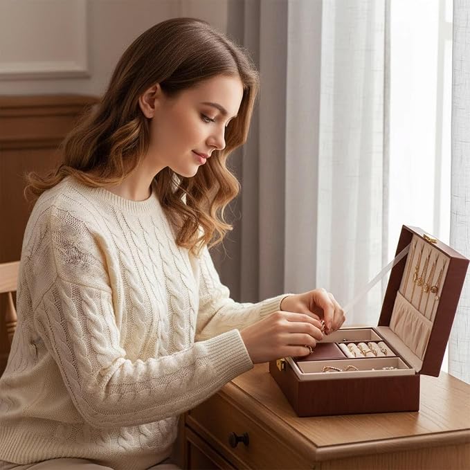 Jewelry Box Organizer for Women Girls Gift, 2 Layer Large Jewelry Storage Case, Vintage Wood PU Leather Display Jewellery Holder with Removable Tray for Necklace (Black walnut wood grain) - Image 2