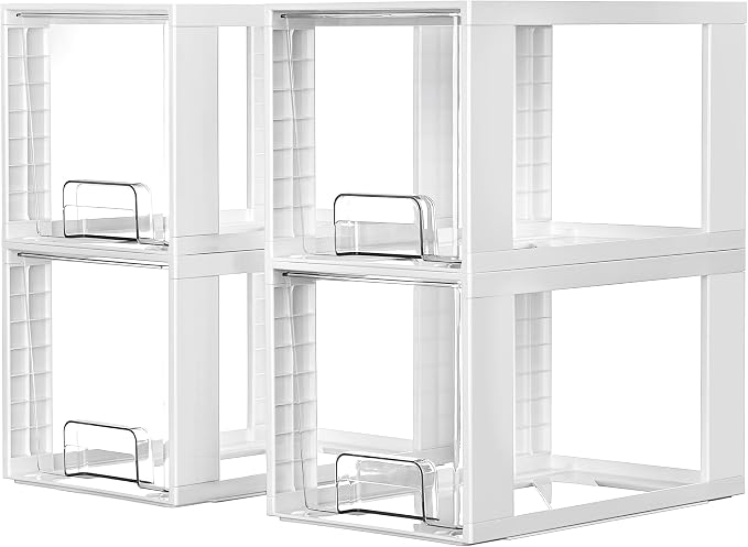 Vtopmart 4 Pack Large Stackable Storage Drawers,White,Easily Assemble Acrylic Bathroom Closet Undersink Organizers and Storage,Plastic Bins for Kitchen Cabinets,Pantry,Makeup,Medicine Organization by Vtopmart