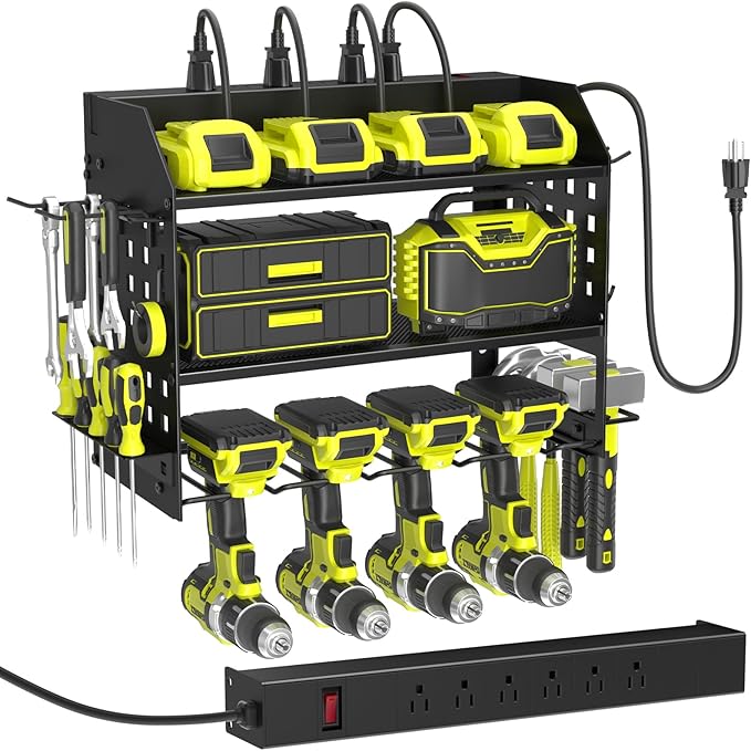 SUNALLY Power Tool Organizer Wall Mount with Charging Station,3 Layer Heavy Duty Metal Tool Storage Rack with 4 Drill Holders, Power Tool Shelf for Garage, Warehouse, Workshop, Gifts for Men, Husband by SUNALLY
