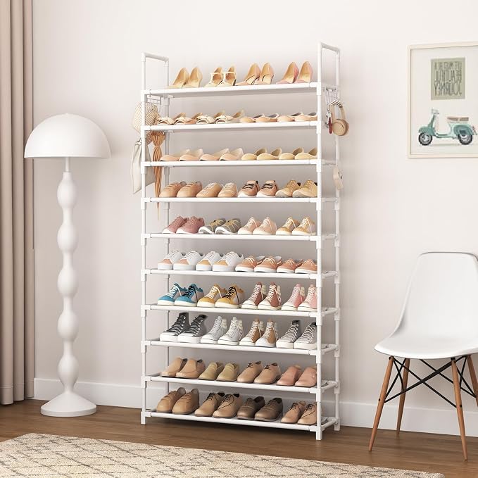 VTRIN 10 Tiers Shoe Rack Tall Large Capacity Wide Shoe Organizer Sturdy Shoe Shelf for Entryway with Two Hooks Metal Shoe Storage for Closet, Bedroom, White - Image 7