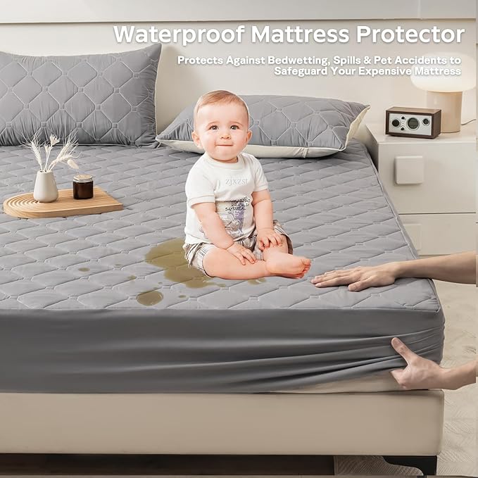 Waterproof Twin Mattress Protector, 18" Deep Pocket Mattress Topper - Lab Tested Leakproof, Oeko-TEX Certified, Breathable & Noiseless, Machine Washable,Fitted Twin Sheets Only (Light Grey)