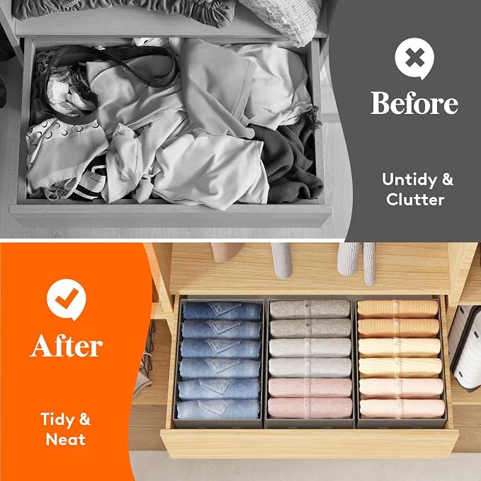 Lifewit 3 Pack Clothes Organizer, 6 Grids Closet Jean Storage Bins with Handles and Support Boards, Foldable Drawer Organizer for Sweater, Pants, T-shirt, Dress, Grey, 42 x 27 x 17 cm/16x10x7'' - Image 7