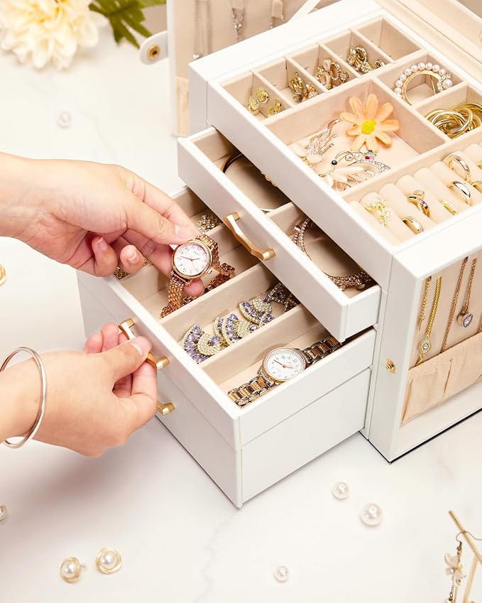 Enthralite Jewelry Box with 3 Drawers : Jewelry Display Organizer for Earrings Necklaces - Gift for Girls Women | White - Image 9