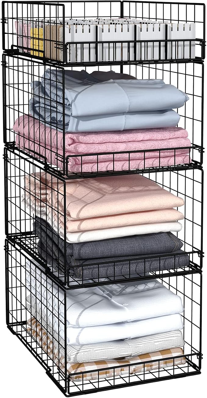 4 Pack Closet Organizers and Storage Shelves for Clothes, 4 Tier Stackable Closet Storage Basket Bin Container for Clothing Sweater Jean, Narrow, Foldable, Sturdy Metal System Organizer Shelf by Cidaziya
