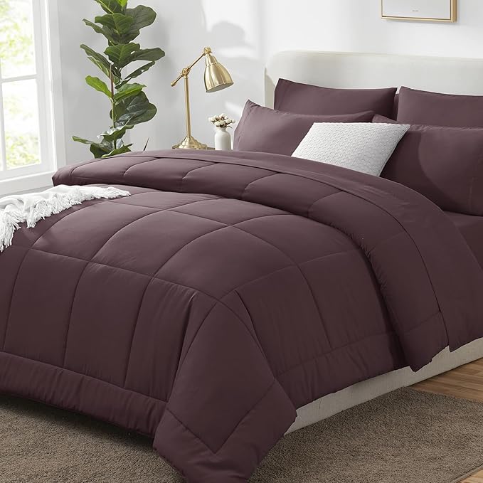 CozyLux Queen Comforter Set Cocoa Powder, 7 Pieces Bed in a Bag, Brown Comforters Queen Size, All Season Bedding Sets with Stitch Quilted Comforter, Flat Sheet, Fitted Sheet, Pillowcases