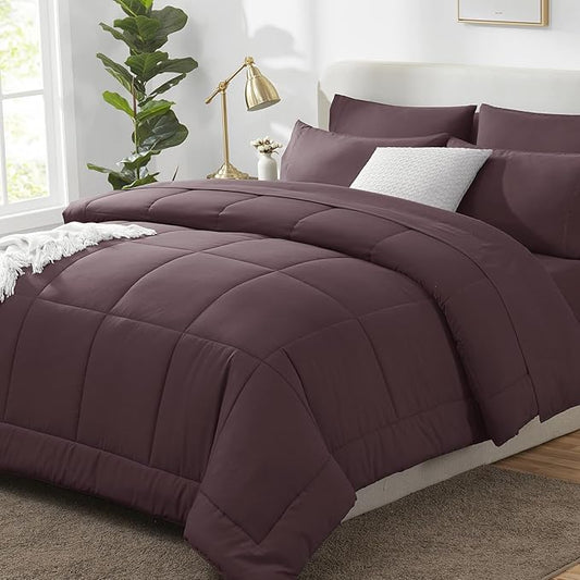 CozyLux King Size Comforter Set Cocoa Powder, 7 Pieces Bed in a Bag, Brown Comforter King Size, All Season Bedding Sets with Stitch Quilted Comforter, Flat Sheet, Fitted Sheet, Pillowcases