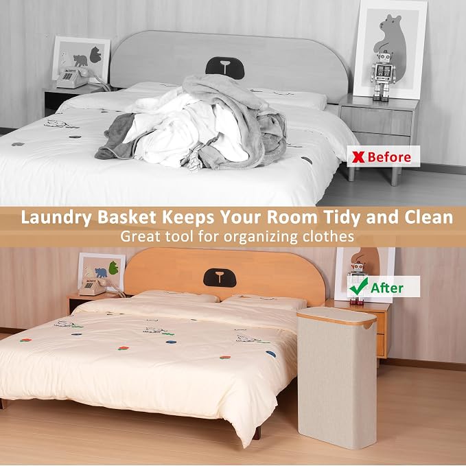 iEGrow 65L Slim Laundry Hamper, Narrow Laundry Basket with Lid,Foldable Clothes Hamper with Bamboo Handles,Hamper Basket with Removable Inner Bag for Laundry Room Bedroom College Dorm,Oatmeal - Image 3