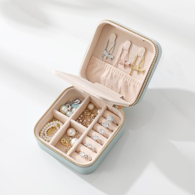 Genuine Leather Travel Jewelry Case Organizer with Mirror for Women, Small Jewelry Box Portable Mini Jewelry Case for Earring, Ring, Necklace, Bracelet（Lychee Grain Mint Green） - Image 7