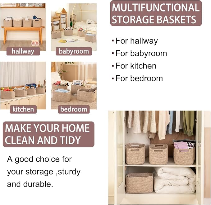 OIAHOMY 4 Pack Storage Baskets for Organizing, Cube Storage Bins for Shelves, Rectangle Storage Baskets With Handles, Woven Baskets for Storage, 12.7''Lx9''Wx7.8''H, Brown - Image 6