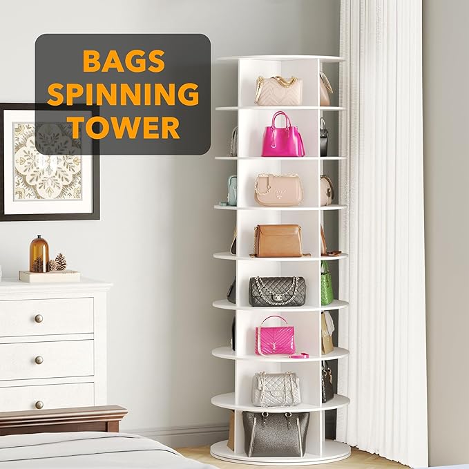 SpaceAid 8 Tier Rotating Shoe Rack Tower, Spinning Shoe Display Lazy Susan, Revolving 360 Shoe Rack Storage Round Carousel, Vertical Handbag Rotate Shoes Closet Organization (8-Tier White) - Image 5
