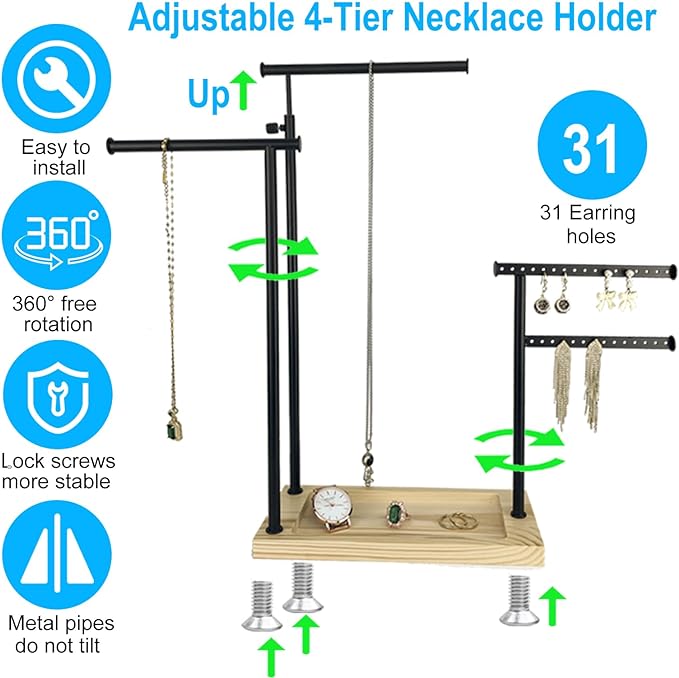 lengnoyp Premium Jewelry Stand, 4-Tier Storage Necklace Holder Stand, Earring Holder AdjustableTall 20I N (Max), Jewelry Organizer for Necklace, Bracelet, Earring, Black - Image 4