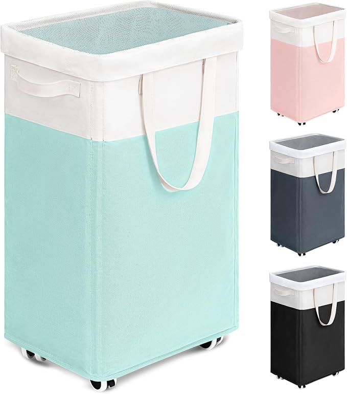 Goodpick Laundry Basket with Wheels, 75L Laundry Hamper with Wheels, Large Laundry Basket with Removable Wash Bag, Clothes Hamper for Laundry, Blue&White by Goodpick