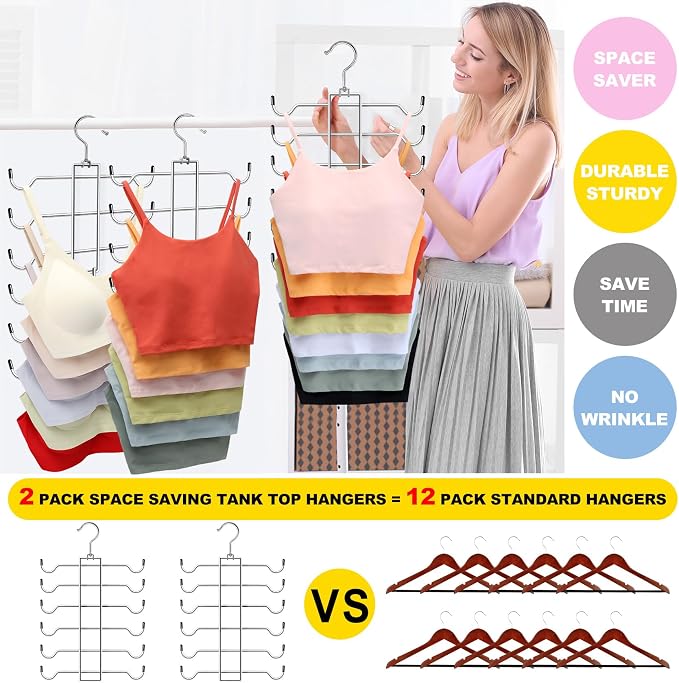Metal Tank Top Hanger 2 Pack, Space Saving Bra Organizer with 24 Easy Access Hooks, 360° Swivel Closet Organizers and Storage, Apartment College Dorm Room Essentials, Small Space Organization Solution - Image 4