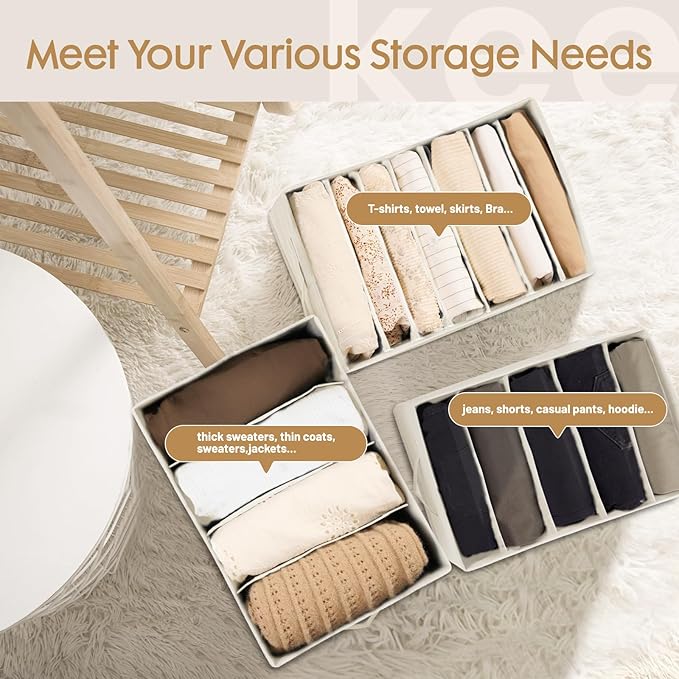 Criusia 6 Pack Large Clothes Organizer, Wardrobe Closet Organizer and Storage with Handles, Foldable Fabric Closet Organizers Dividers for Clothing, Pants, Jeans, Sweater, T-shirts, Beige - Image 5