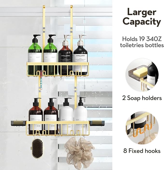 Over the Door Shower Caddy Hanging With Double Soap Holder Never Rust Aluminum Shower Shelf With 4 Hooks Hanging Bathroom Organizer No Drilling Shelves for Bathroom Storage Gold - Image 3