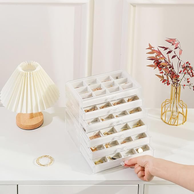 Lolalet Earring Holder Organizer Box Jewelry Storage with 6 Drawers, Clear Acrylic Stackable Earring Case with Adjustable Velvet Trays for Women on Dresser Vanity -Warmwhite, 6 Layers - Image 6