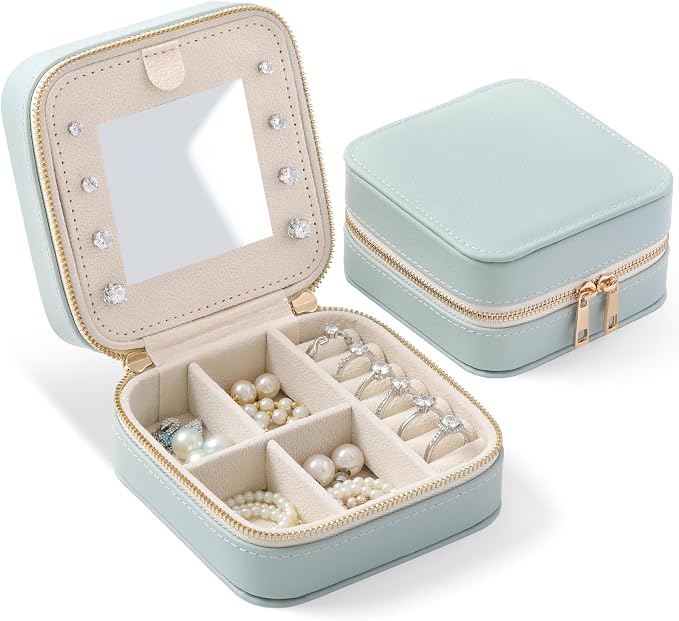 Genuine Leather Travel Jewelry Organizer Case with Mirror for Women, Small Mini Portable Jewelry Box for Ring Earrings Necklace Bracelet Luxury Gift for Women（Cyan） by NGVRC