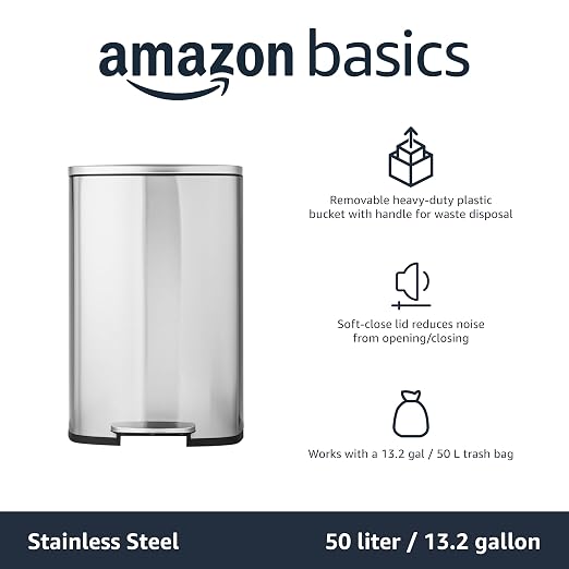 Amazon Basics Smudge Resistant Rectangular Trash Can with Soft-Close Lid, Foot Pedal, Removable Inner Bucket, 50 Liter/13.2 Gallon, Brushed Stainless Steel, Satin Nickel Finish - Image 5