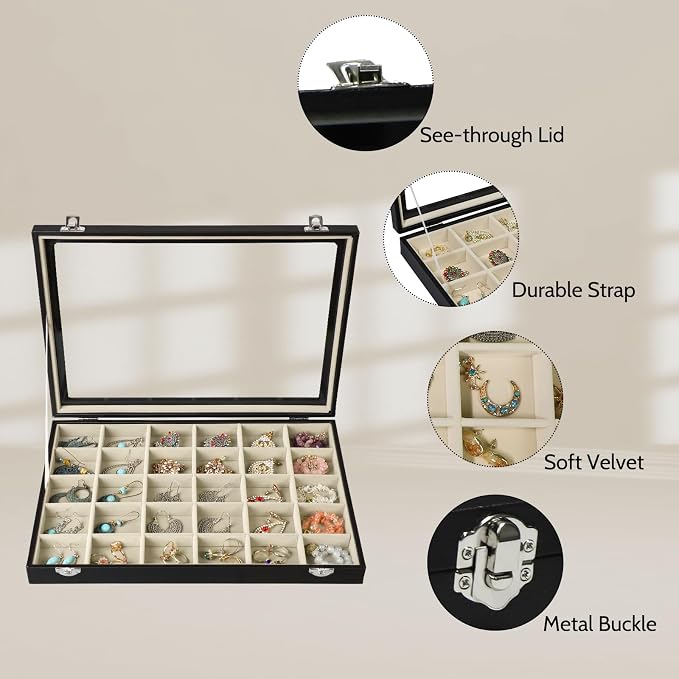 Stratalife Earring Organizer Jewelry Holder Organizer Drawer Earring Storage Jewelry Tray with Clear Lid Ring Box for Women Girls Anti Tarnish 30 Grid (Beige Black) - Image 7