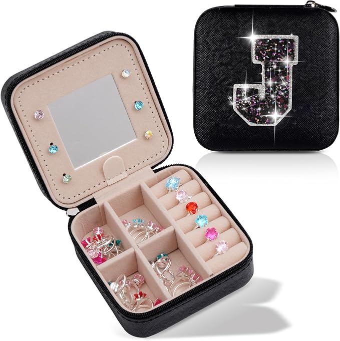 Uygafly Travel Jewelry Case - Personalized Jewelry Box for Women,Small Jewelry Organizer Cute Jewelry Organizers and Storage Aesthetic,Travel Essentials Birthday Gifts for Girls Women | Black,J by Uygafly