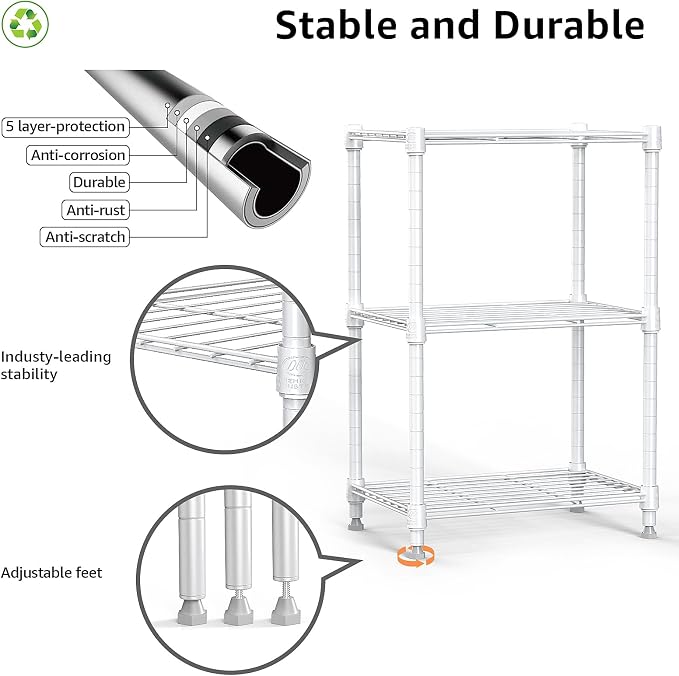 M MZG 450 lbs Wire Storage Shelving 3-Tier Utility Shelving Unit Steel Organizer Wire Rack for Home,Kitchen,Office,White (11.8" D x 17.7" W x 26.4" H) - Image 8