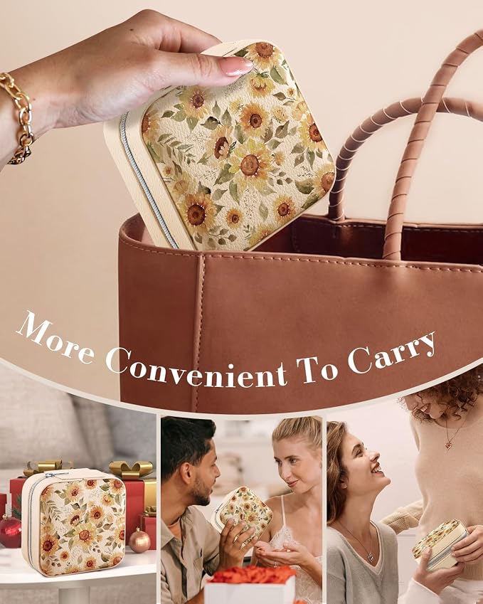 Bistup Travel Jewelry Case - Small Jewelry Organizers and Storage Box for Women Girls Teens Cute Traveling Jewelry Holder with Mirror Little Tiny Compact Modern Unique Aesthetic Pretty, Sunflower - Image 6