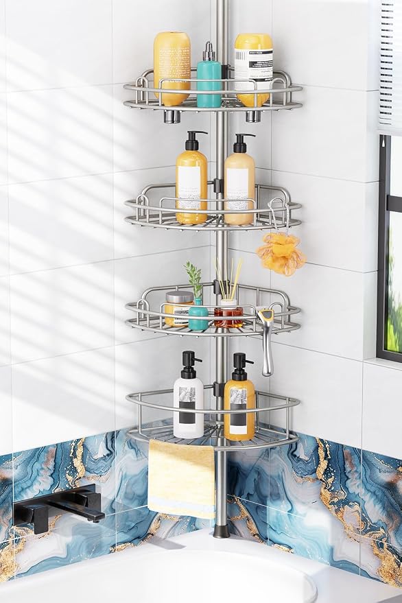 HAMITOR Shower Caddy Tension Pole: 4-Tier Rustproof Bathroom Corner Shelf Organizer for Renter - No Drill Large Shampoo Storage Rack - Adjustable 47-121" - Space Saving Bathtub Accessory - Silver Gray by HAMITOR