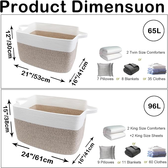 96L Large Blanket Basket,24"x16"x15"Rectangle Storage Bin with Handles,Woven Rope Laundry Basket for Toys, Clothes,Magazines,Home Organization,Nursery,Living Room & Bedroom,White & Brown - Image 2