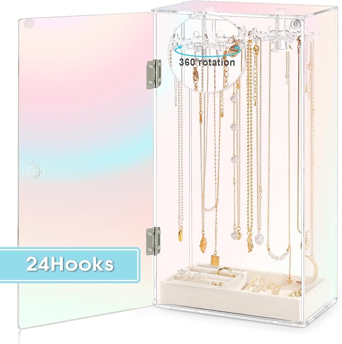 Cirhy Iridescent Acrylic Necklace Holder, Necklace Organizer with 24 Rotatable Hooks, Rainbow Jewelry Organizer Display Box with Velvet Tray for Long Necklaces Pendant Bracelets Rings Earrings - Image 6
