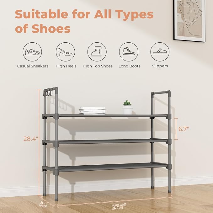 LANTEFUL 3 Tier Shoe Rack for Closet, Shoe Organizer with 5 Hooks, Long Shoe Shelf Storage for Shoe and Boot Stackable Free Standing Shoe Rack for Entryway, Garage, Small Spaces, Dorm, Grey - Image 3