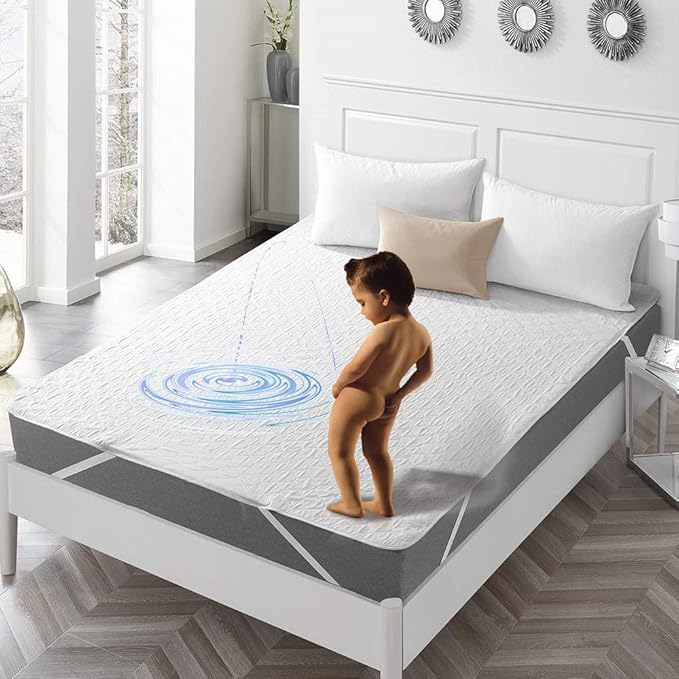 Quilted Fitted Mattress Pad Waterproof Fitted Sheet Mattress Protector with Highly Absorbent Fill Layer 100% Soft Cotton Blend Cover Surface, Breathable, Deep Pocket (Queen)