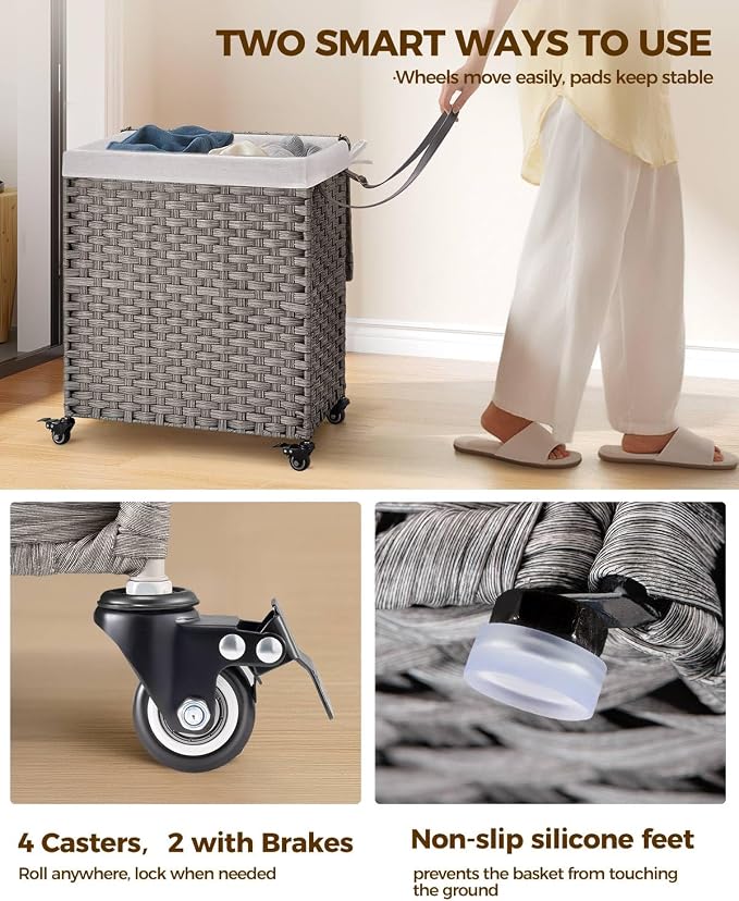 Greenstell Laundry Hamper with Wheels, No Install Needed, 110L Divided Handwoven Hampers & 2 Removable Liner Bags, Rattan Clothes Laundry Basket with Lid & Handles, Foldable Hampers Gray 22x13x26.4 In - Image 3