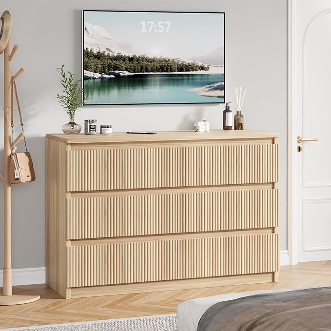 Jocoevol Oak 6 Drawer Dresser for Bedroom, Modern Fluted Dresser, Bedroom Dressers with Drawers, Large Double Wooden Chest of Drawers for Living Room, Hallway