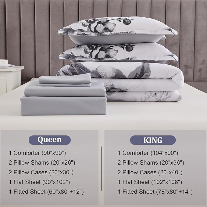 Luxudecor Floral Comforter Set King Size 7 Piece, Black Flower Bed in a Bag, Elegant Ink Comforter Bedding Set for All Season (Ink, 104"x90")