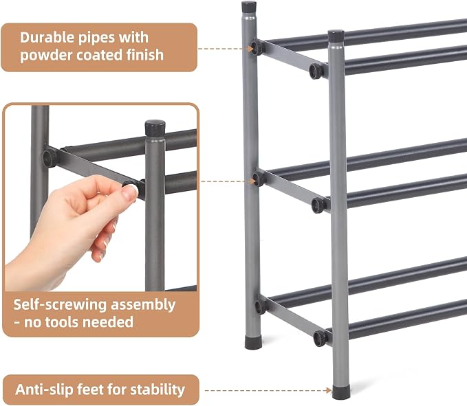 STORAGE MANIAC Expandable Shoe Rack, 12 Pairs Stackable Small Shoe Rack, Metal Adjustable Shoes Organizer for Closet, Entryway, Hallway, Garage, Front Door, Shoes Shelves, Black 3 Tier - Image 6