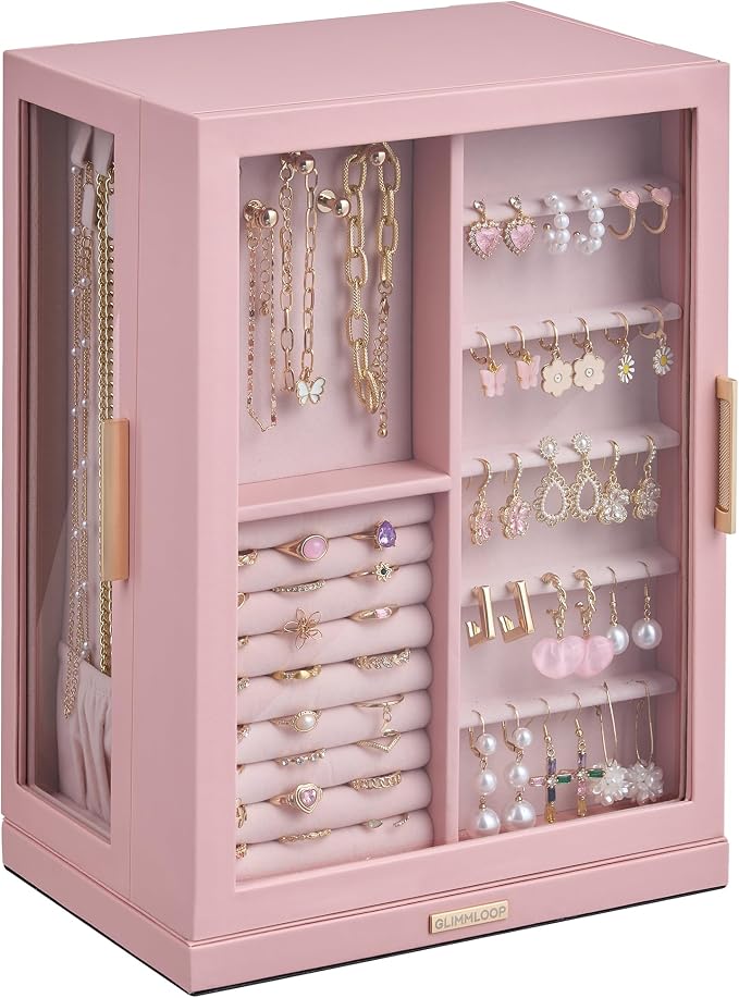 Glimmloop 360° Rotating Jewelry Box with 7 Drawers, Spacious Vertical Jewelry Organizer with Glass Window, Jewelry Storage Case, Dustproof & Moisture-resistant Design, Pink by Glimmloop