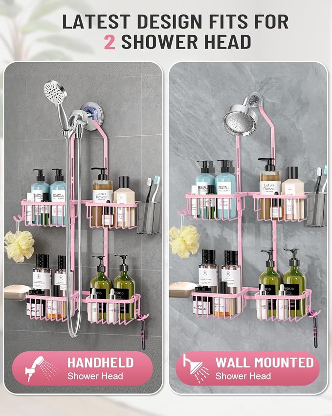 Adjustable Shower Caddy Hanging for Handheld Showerheads - Never Rust Shower Hanging Organizer, Upgraded Bathroom Shower Rack with Soap Basket, Hooks and Toothbrush Holder (Pink) - Image 3