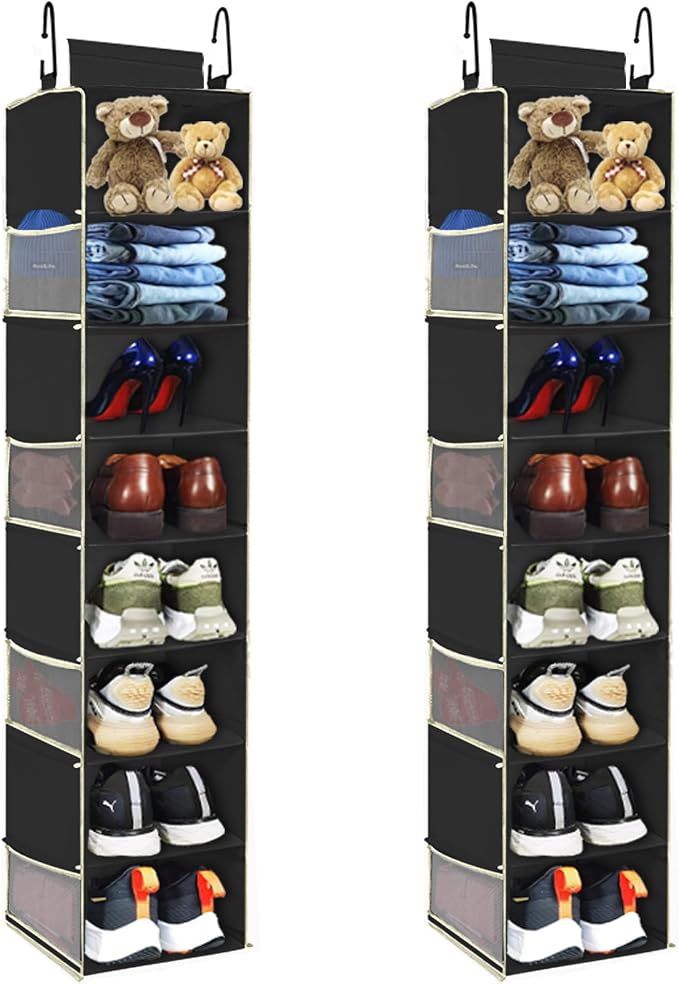 2 Pack Large-Sized Hanging Shoe Organizer 8-Shelf, Hanging Closet Organizer with 8 Side Pockets, Wider Hanging Shelves for Storage Shoes Clothes 9" W × 11.8" D× 48" H, Black. by ROOMTALK