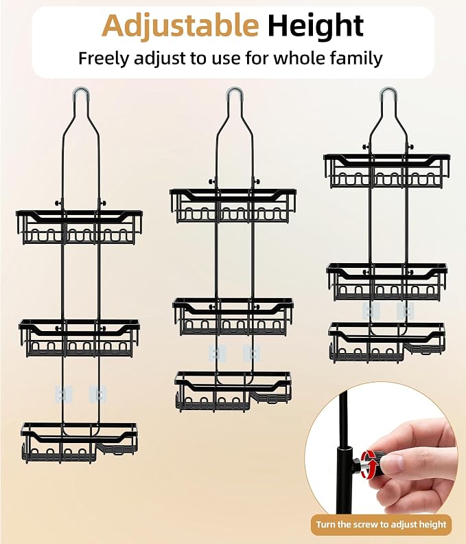 Adjustable Shower Caddy Hanging, Extended Length Organizer Over Shower Head, 3 Tier Long Neck Shower Rack with Soap Holder for Large Storage, Black - Image 3