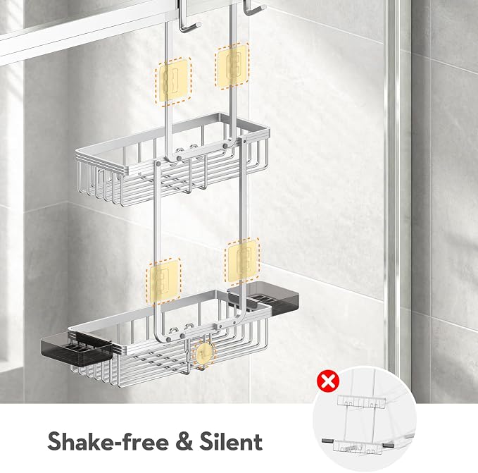 Over the Door Shower Caddy Hanging With Double Soap Holder Never Rust Aluminum Shower Shelf With 4 Hooks Hanging Bathroom Organizer No Drilling Shelves for Bathroom Storage Silver - Image 6
