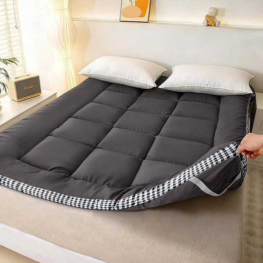 Thick Mattress Topper Twin Size - Non-Slip Mattress Pad Cover for Back Pain Breathable Folding Sleeping Pad Machine Washable Mattress Protector (39x75 inch,Black)