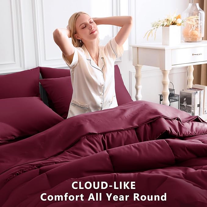 CozyLux Queen Comforter Set Burgundy, 7 Pieces Bed in a Bag, Red Comforters Queen Size, All Season Bedding Sets with Stitch Quilted Comforter, Flat Sheet, Fitted Sheet, Pillowcases