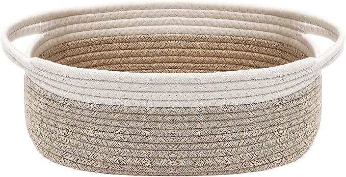 JMvicyroam Woven Basket,Small Rope Storage Bin with Handles & Ribbon Bag, Organizer for Shelves Closets,Gift Basket Empty for Birthday,Books,Dog Toys, White&Oatmeal by JMvicyroam