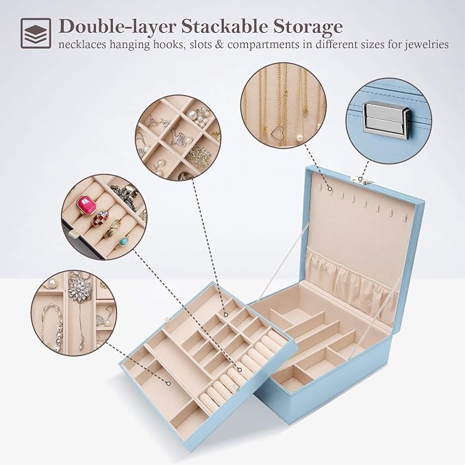 ProCase Jewelry Box for Women, 2 Layers Large Leather Jewelry Organizer Storage Case with Removable Pad for Earrings -Blue - Image 2