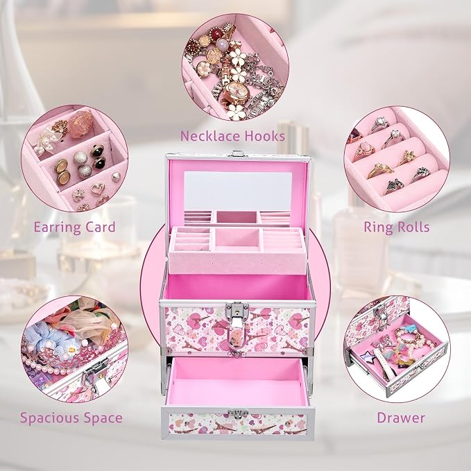 Hododou Girls Jewelry Box Organizer with Drawer & Mirror, Shiny Pink Style Lockable Storage Case for Kid or Little Girls Jewelry and Hair Accessories Pink Tower - Image 4