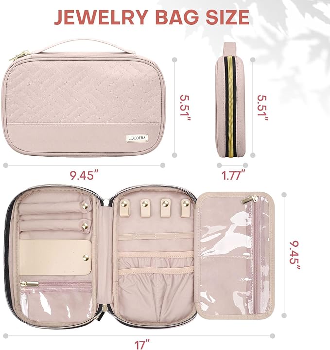 Jewelry Travel Case Organizer for Necklaces, Earrings, Rings, Bracelet, Watch, Soft Sided, Pink - Image 2