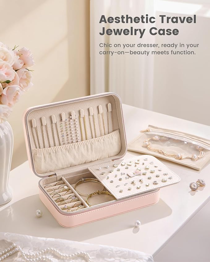 Lolalet Travel Jewelry Case for Women Girls, PU Leather Jewelry Organizer with Clear Storage Bag Small Portable Jewelry Box for Necklace Bracelet Earring Ring Mothers Day Birthday Gifts -Large/Pink - Image 6